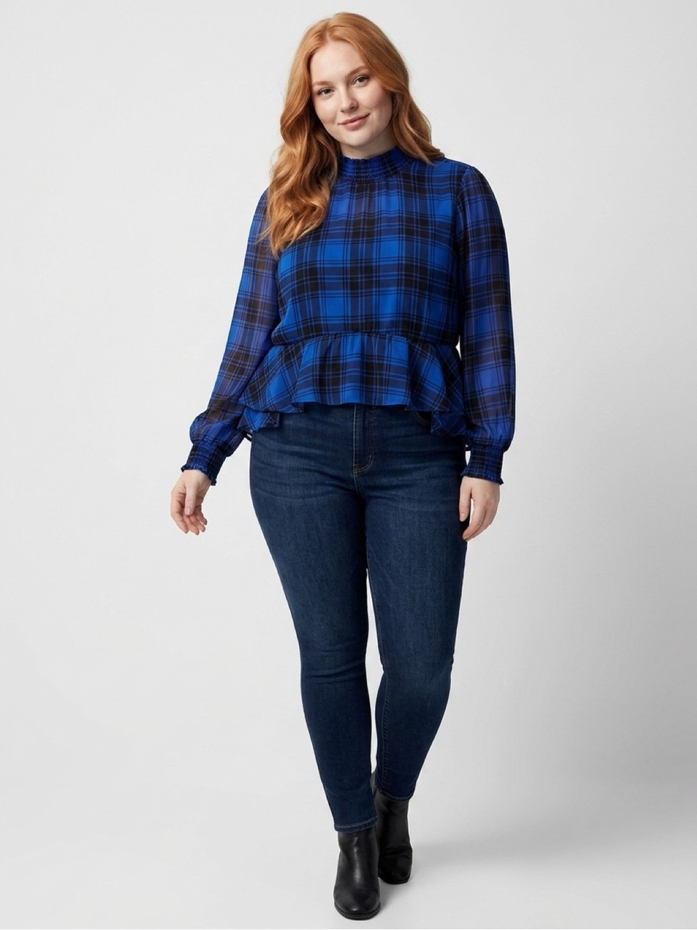 torrid Royal Blue Plaid Smocked Neck Ruffle-Hem Blouse